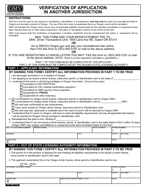 Form 735-7300 Verification of Application in Another Jurisdiction - Oregon