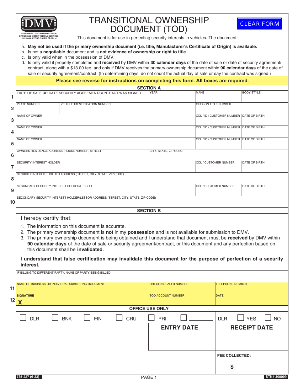 Form 735-227 Transitional Ownership Document (Tod) - Oregon, Page 1