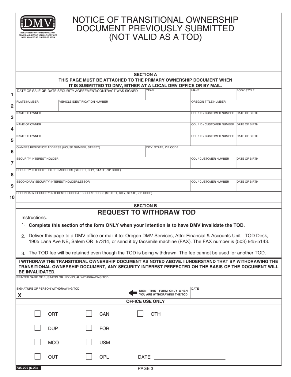 Form 735-227 Transitional Ownership Document (Tod) - Oregon, Page 3