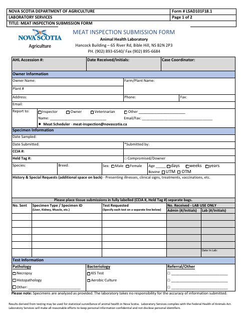 Form LSAD101F18.1 Meat Inspection Submission Form - Nova Scotia, Canada
