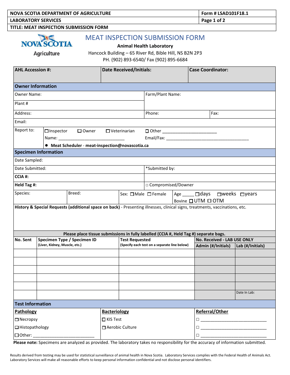 Form LSAD101F18.1 Meat Inspection Submission Form - Nova Scotia, Canada, Page 1
