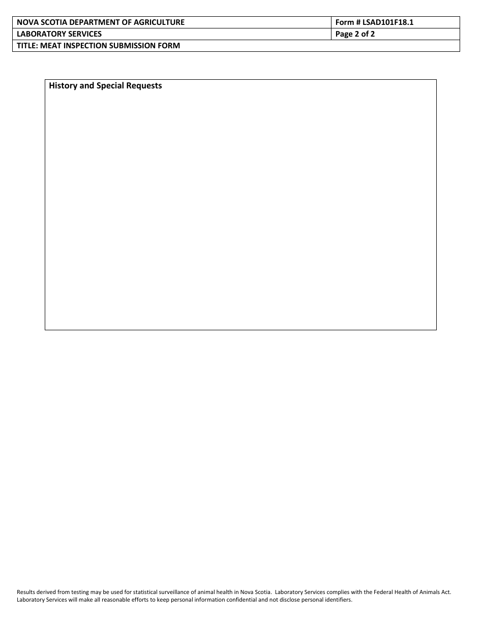 Form LSAD101F18.1 Meat Inspection Submission Form - Nova Scotia, Canada, Page 2