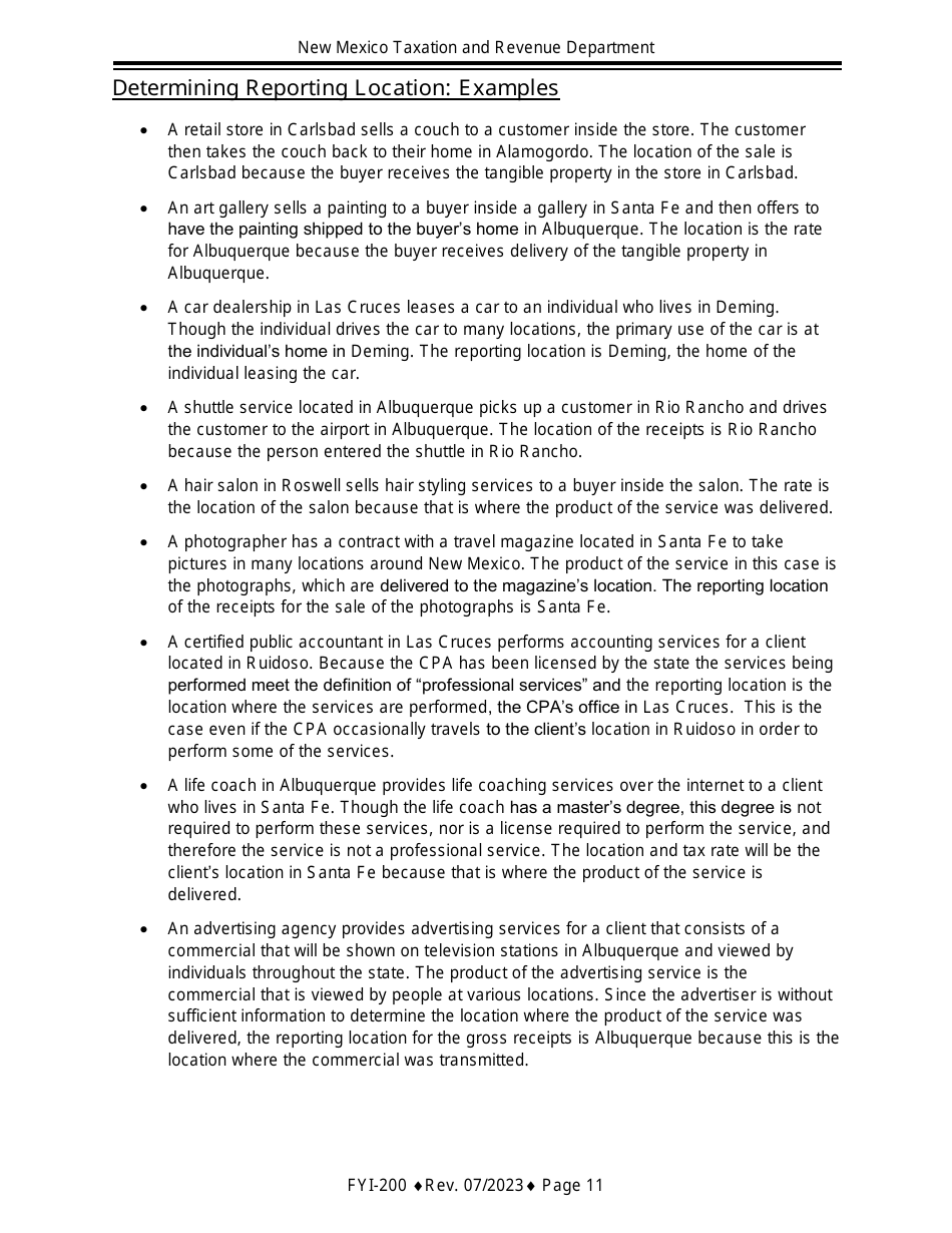 Instructions for Gross Receipts Reporting Location and the Appropriate Tax Rate - New Mexico, Page 11