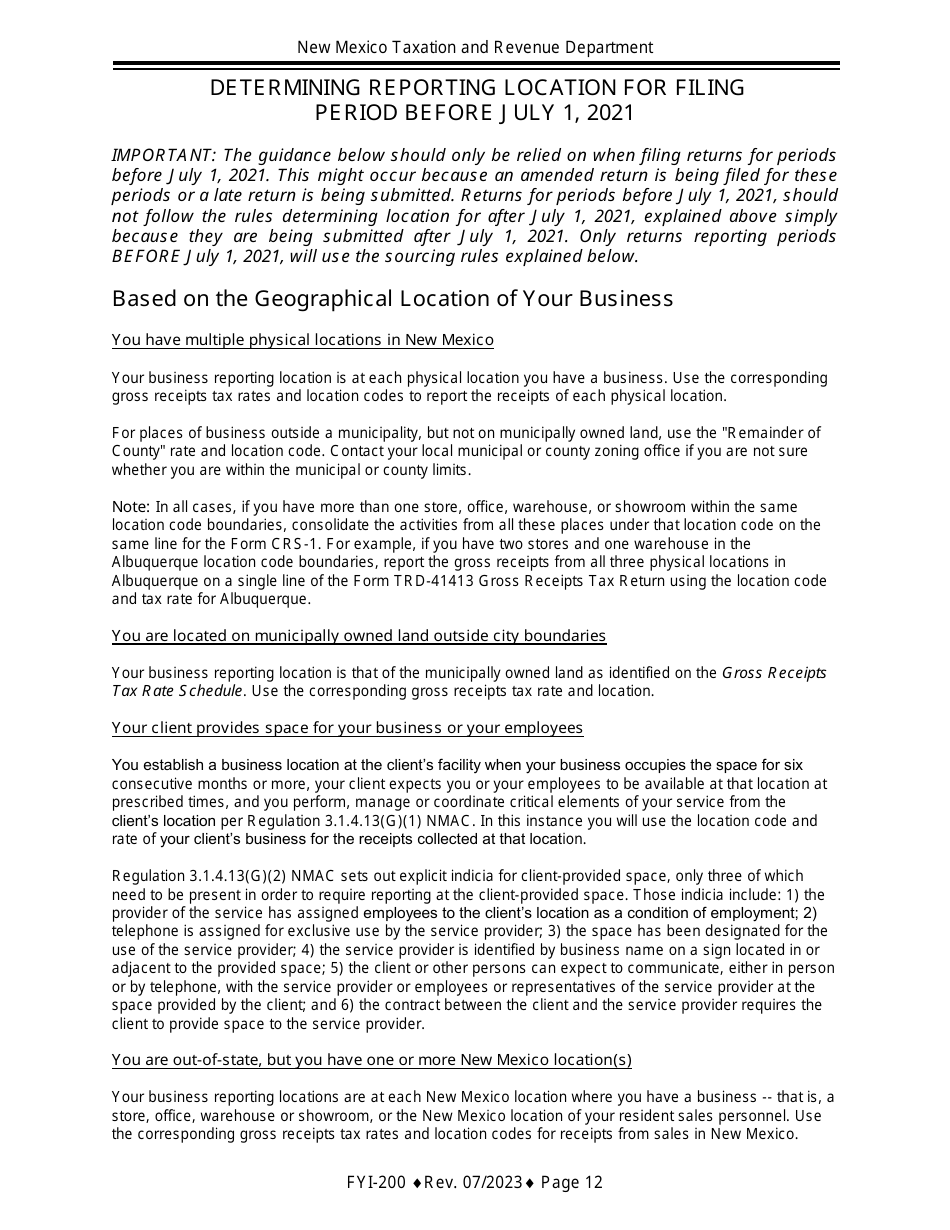 Instructions for Gross Receipts Reporting Location and the Appropriate Tax Rate - New Mexico, Page 12