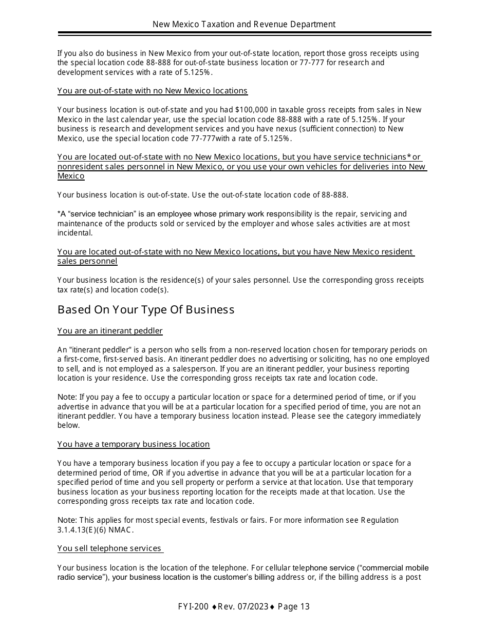 Instructions for Gross Receipts Reporting Location and the Appropriate Tax Rate - New Mexico, Page 13