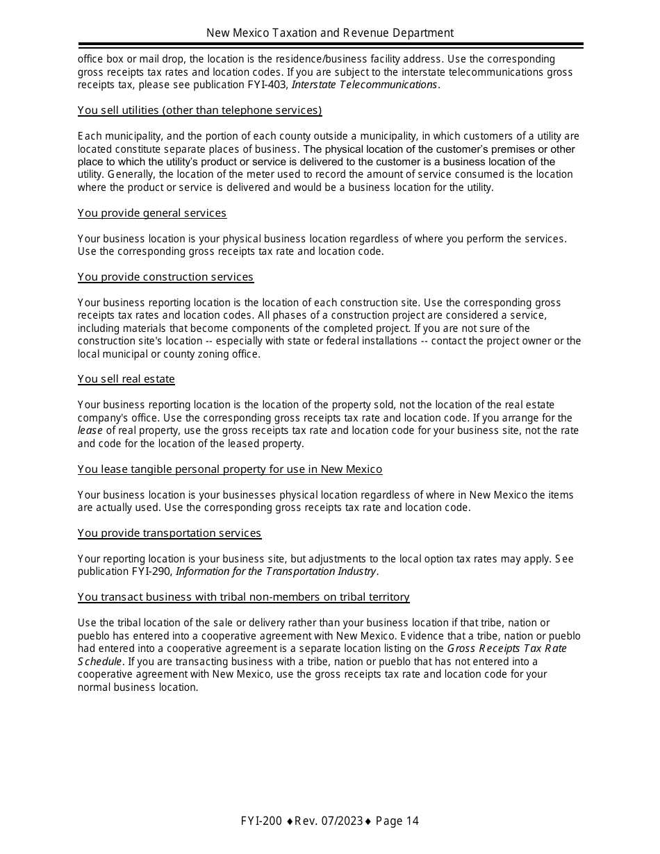Instructions for Gross Receipts Reporting Location and the Appropriate Tax Rate - New Mexico, Page 14