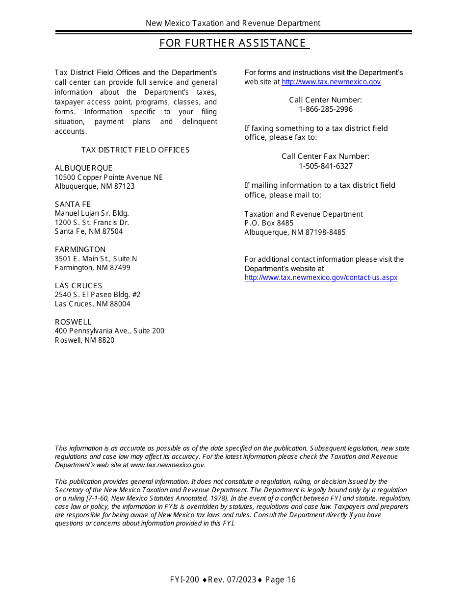 Instructions for Gross Receipts Reporting Location and the Appropriate Tax Rate - New Mexico, Page 16