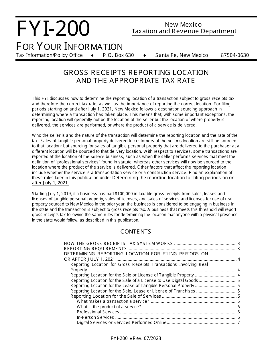 Instructions for Gross Receipts Reporting Location and the Appropriate Tax Rate - New Mexico, Page 1