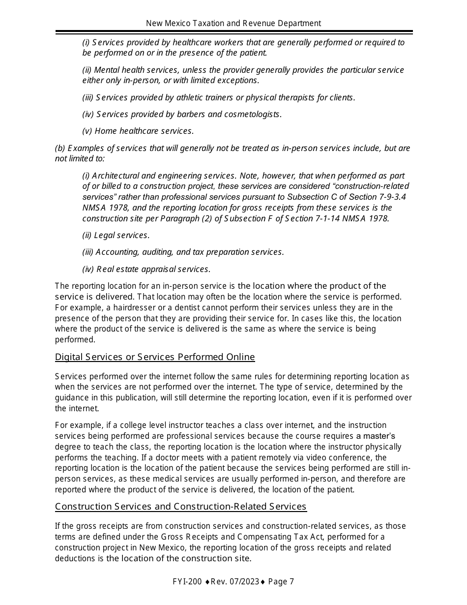 Instructions for Gross Receipts Reporting Location and the Appropriate Tax Rate - New Mexico, Page 7