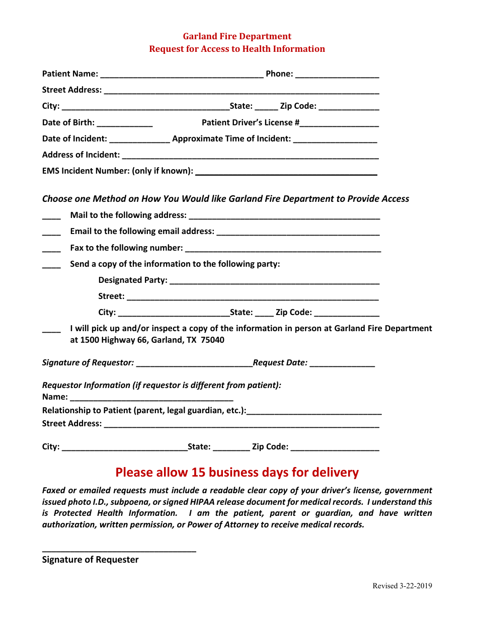 Request for Access to Health Information - City of Garland, Texas, Page 1