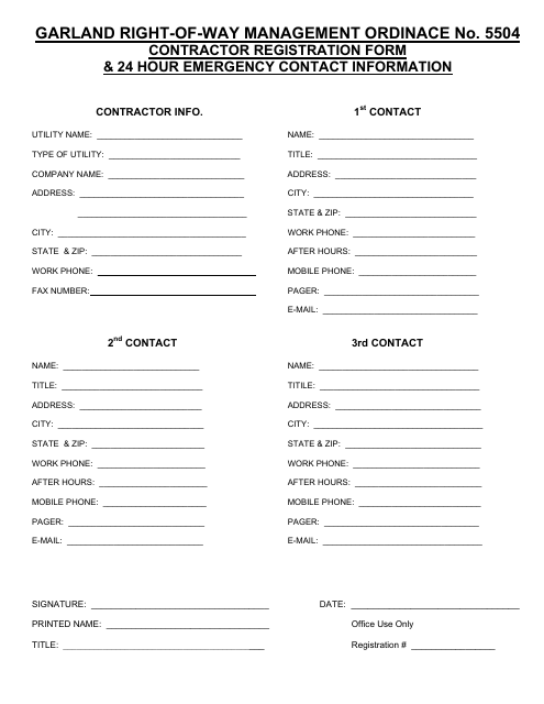 Contractor Registration Form & 24 Hour Emergency Contact Information - City of Garland, Texas Download Pdf