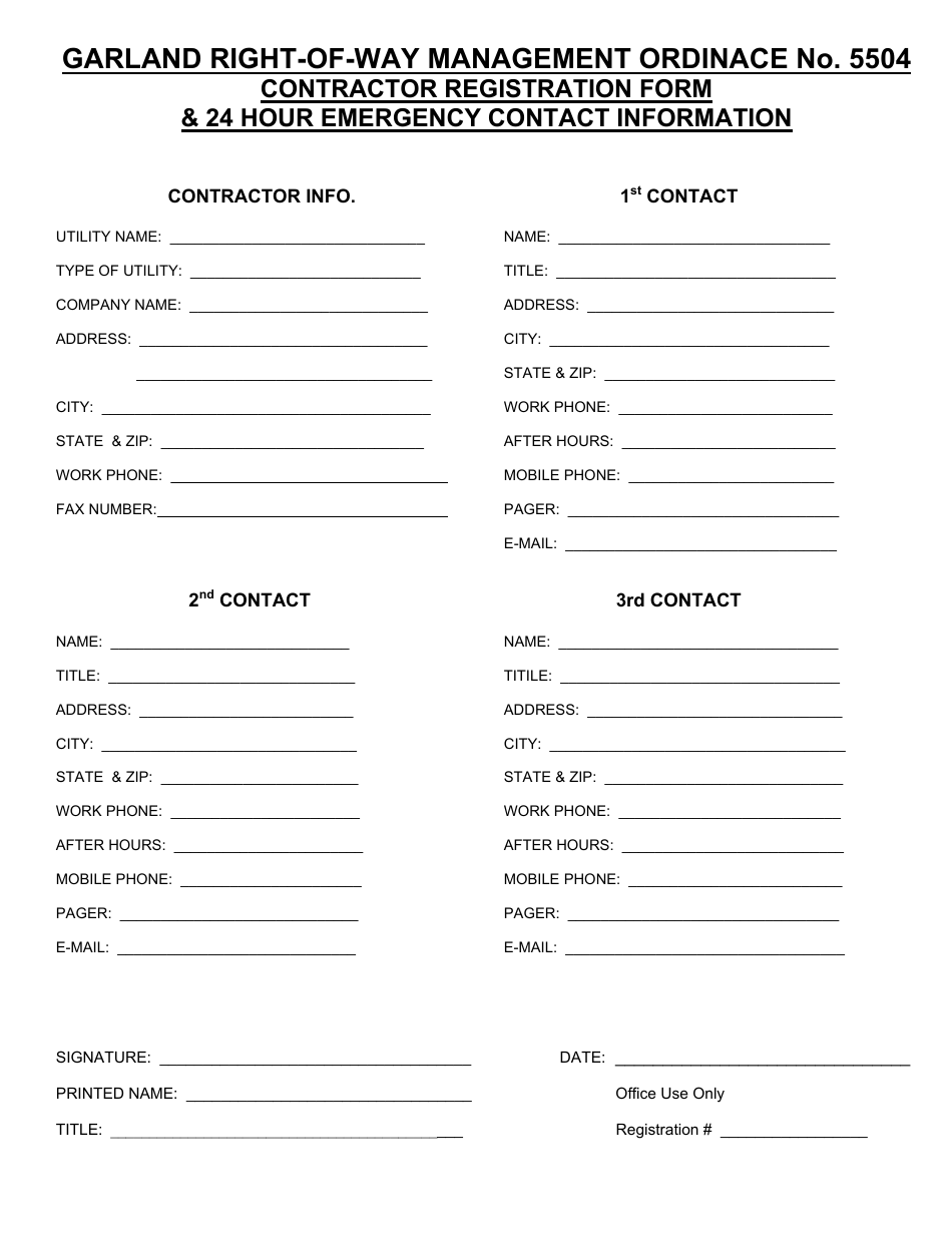 Contractor Registration Form  24 Hour Emergency Contact Information - City of Garland, Texas, Page 1