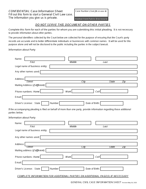 Civil Case Information Sheet - Idaho Download Pdf