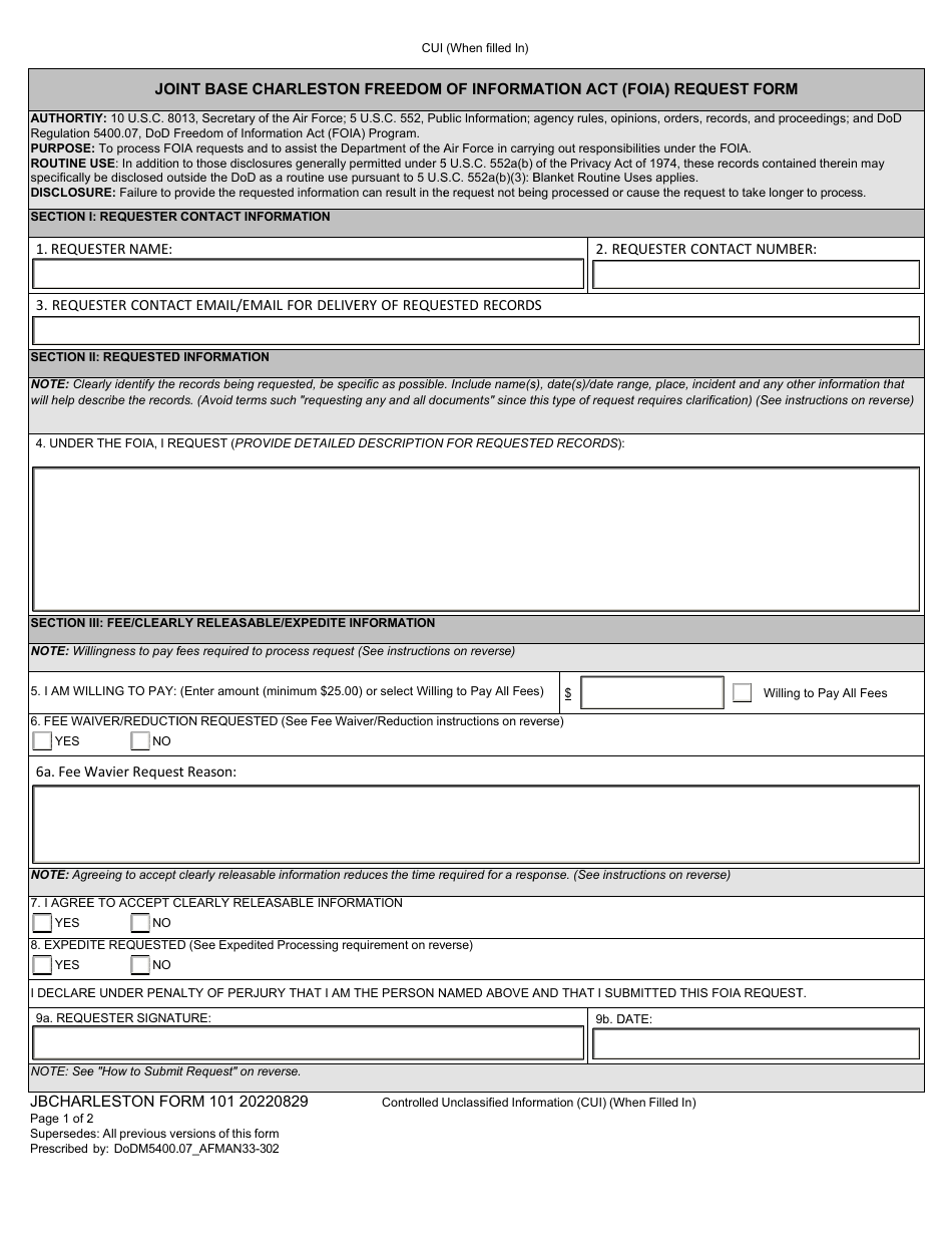 JB CHARLESTON Form 101 Joint Base Charleston Freedom of Information Act (Foia) Request Form, Page 1