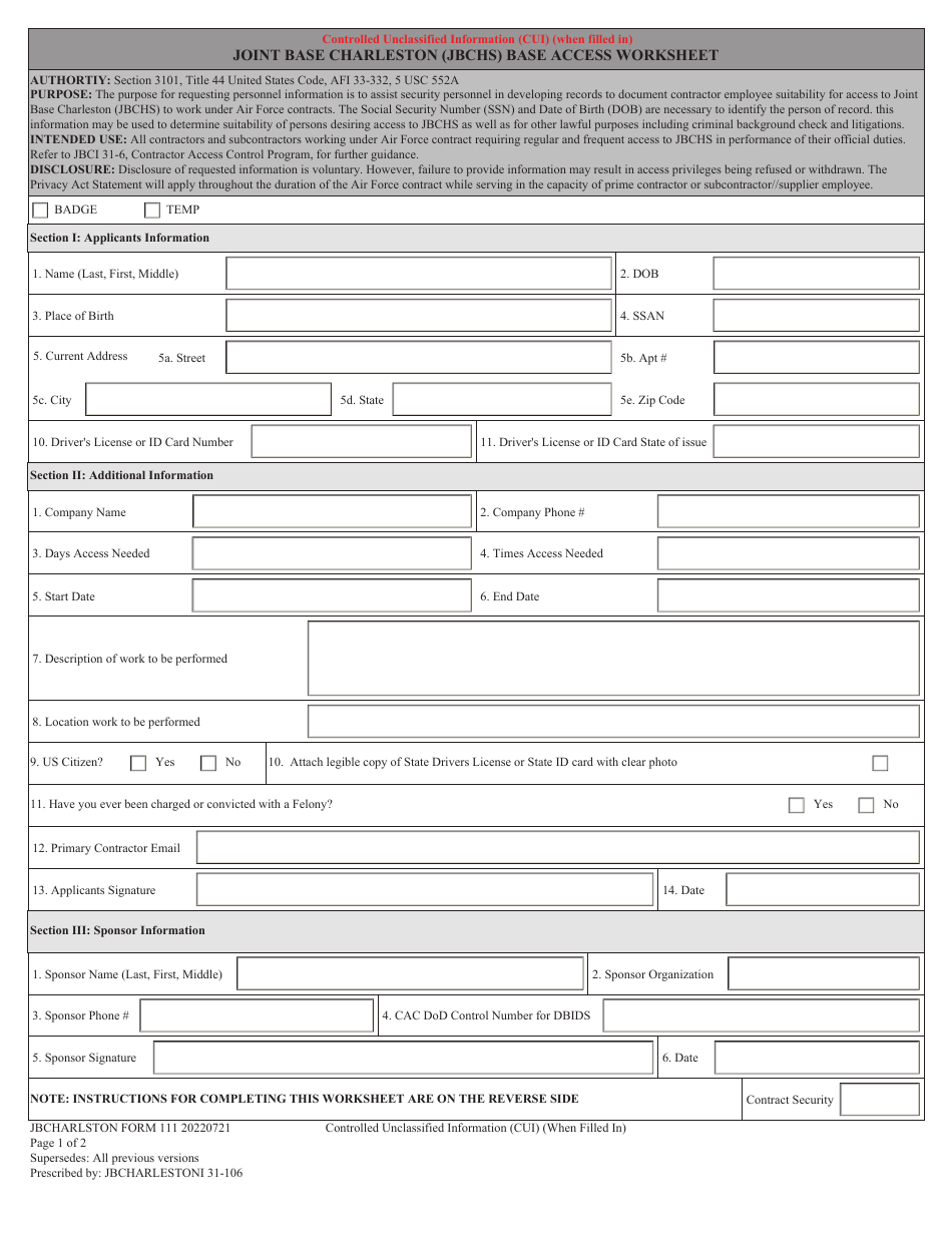 JB CHARLESTON Form 111 Joint Base Charleston (Jbchs) Base Access Worksheet, Page 1