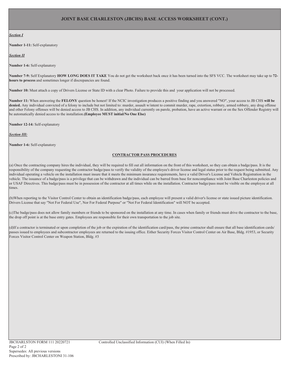 JB CHARLESTON Form 111 Joint Base Charleston (Jbchs) Base Access Worksheet, Page 2