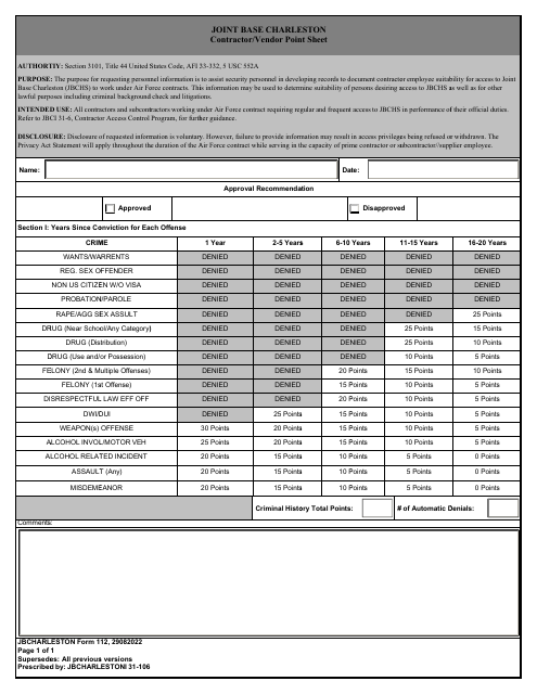 JB CHARLESTON Form 110 Contractor/Vendor Point Sheet