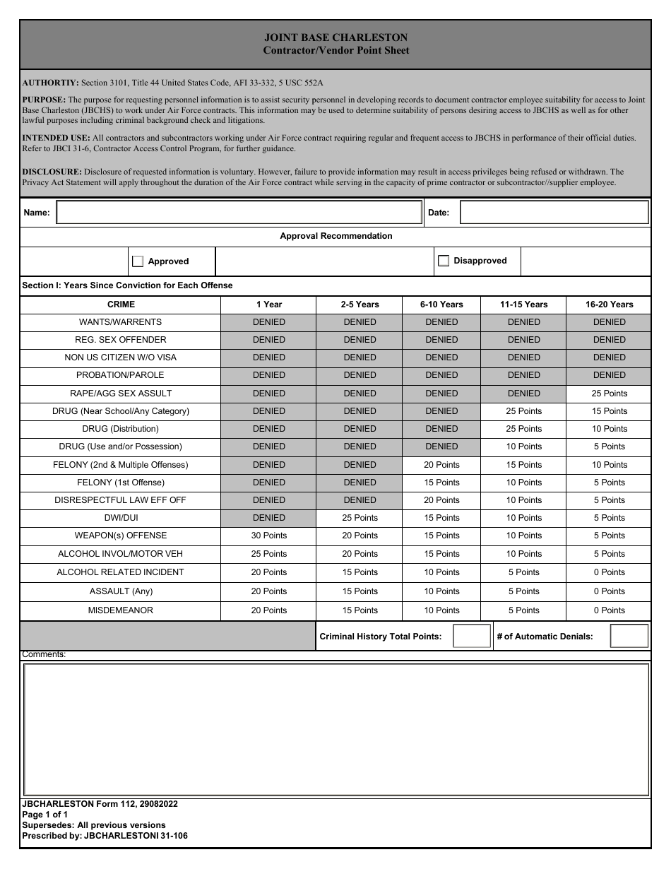 JB CHARLESTON Form 110 Contractor / Vendor Point Sheet, Page 1
