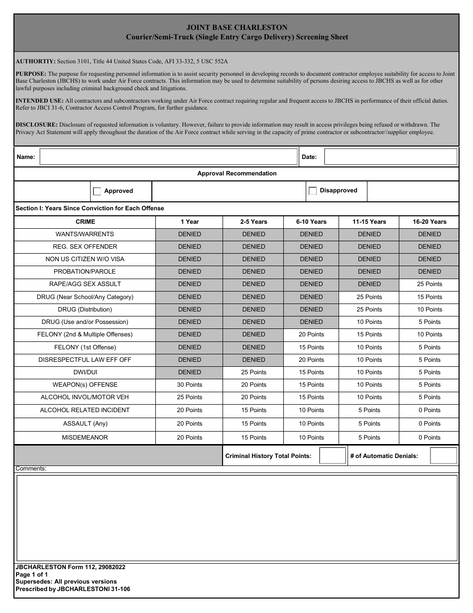 JB CHARLESTON Form 113 Courier / Semi-truck (Single Entry Cargo Delivery) Screening Sheet, Page 1