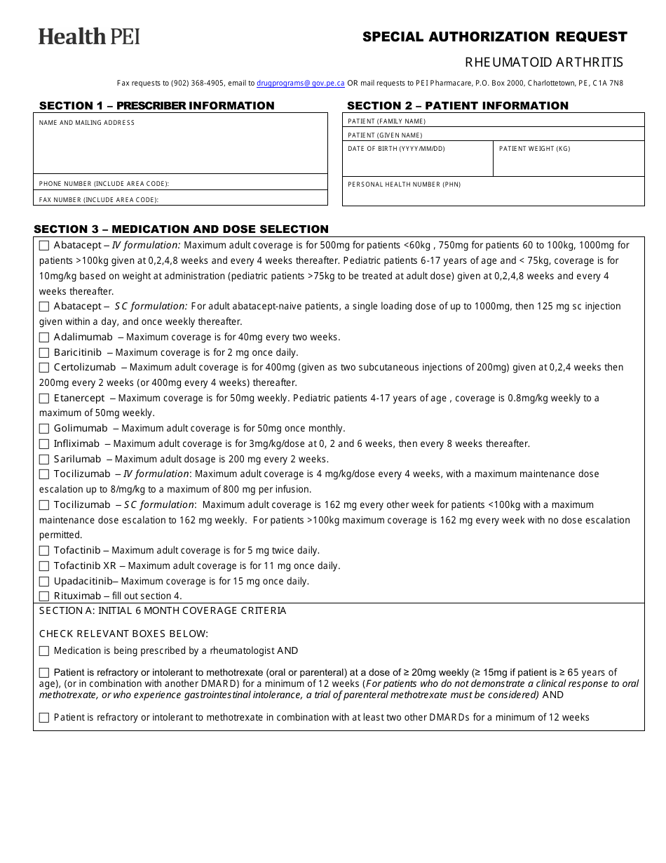 Rheumatoid Arthritis Special Authorization Request Form - Prince Edward Island, Canada, Page 1