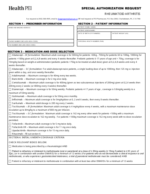 Rheumatoid Arthritis Special Authorization Request Form - Prince Edward Island, Canada Download Pdf