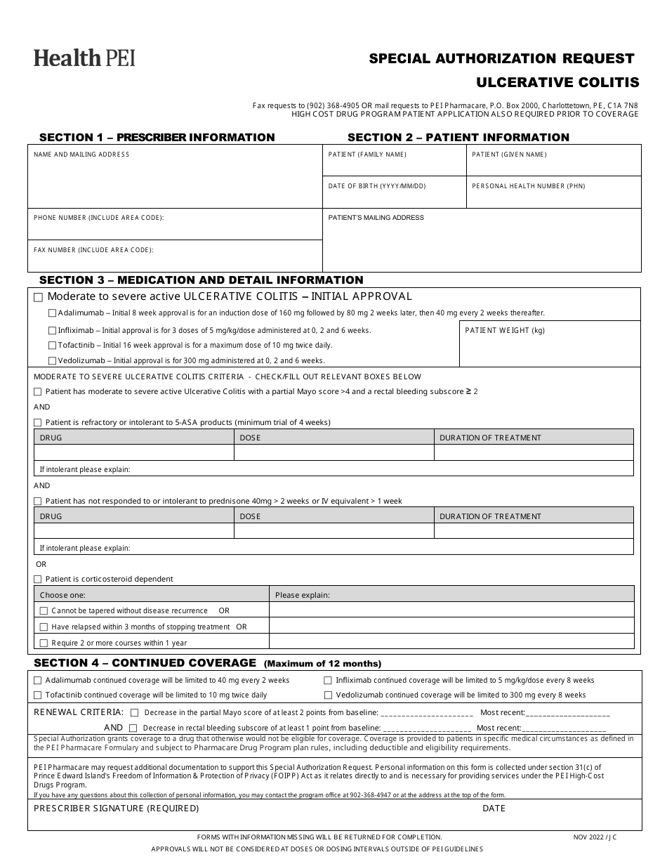 Ulcerative Colitis Special Authorization Request Form - Prince Edward Island, Canada, Page 1