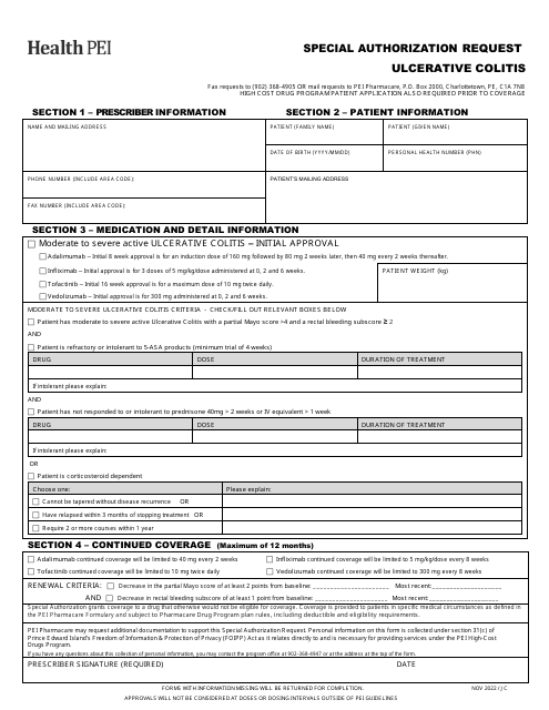 Ulcerative Colitis Special Authorization Request Form - Prince Edward Island, Canada Download Pdf