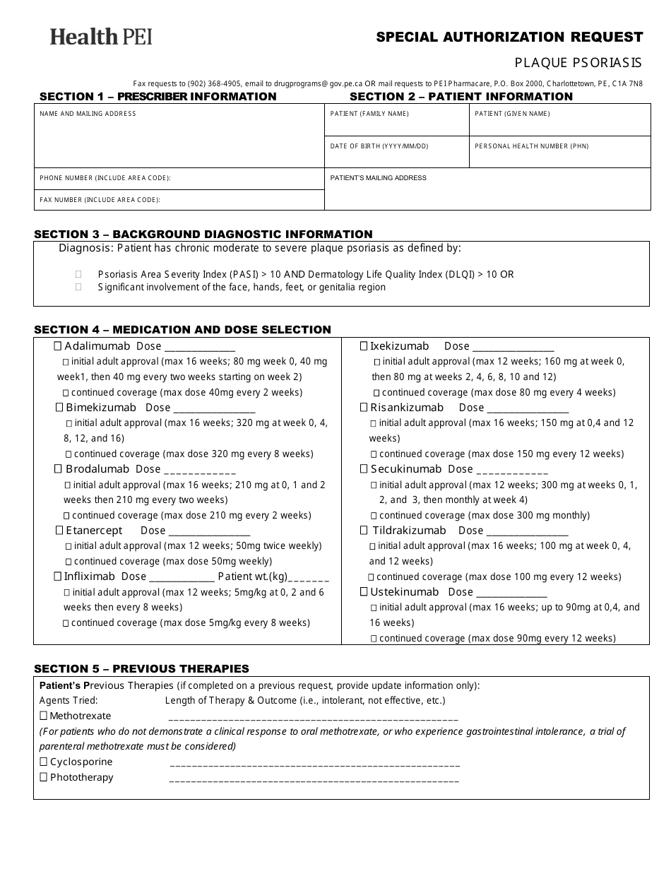 Plaque Psoriasis Special Authorization Request Form - Prince Edward Island, Canada, Page 1