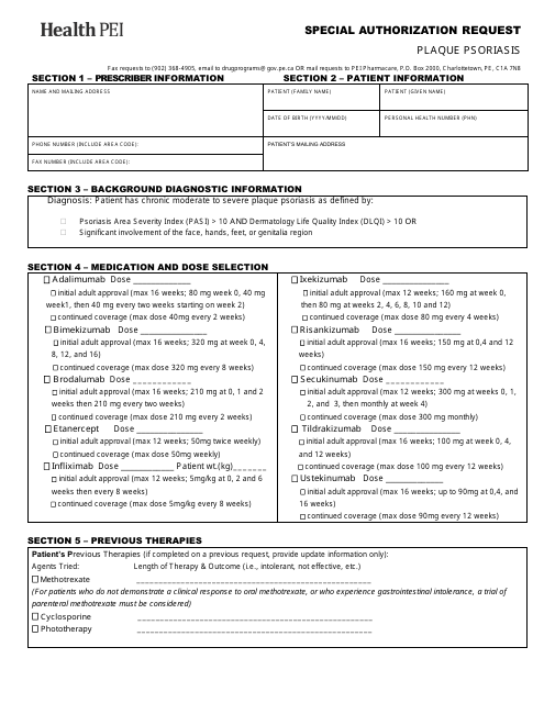Plaque Psoriasis Special Authorization Request Form - Prince Edward Island, Canada Download Pdf