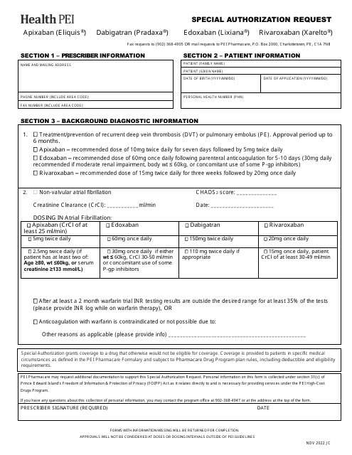 Apixaban, Dabigatran, Edoxaban, Rivaroxaban Special Authorization Request Form - Prince Edward Island, Canada Download Pdf