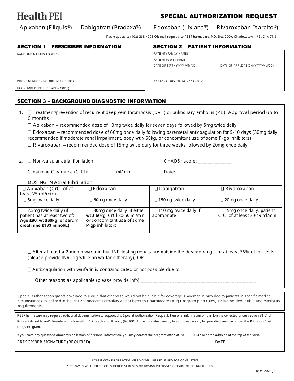 Apixaban, Dabigatran, Edoxaban, Rivaroxaban Special Authorization Request Form - Prince Edward Island, Canada, Page 1