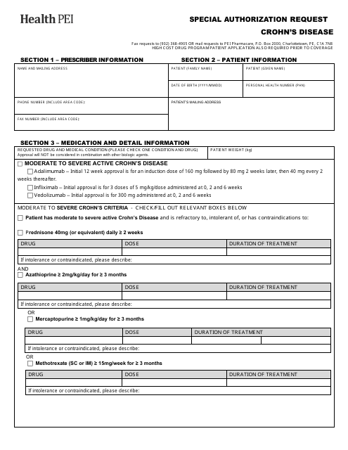 Crohn's Disease Special Authorization Request Form - Prince Edward Island, Canada