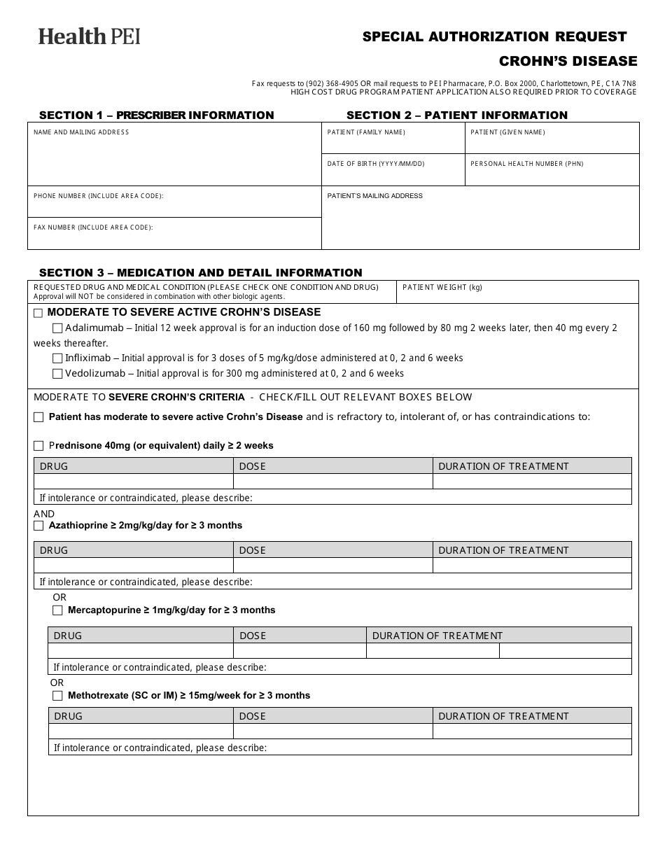 Crohns Disease Special Authorization Request Form - Prince Edward Island, Canada, Page 1
