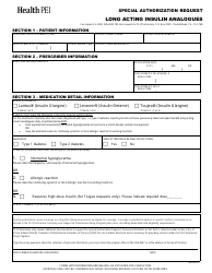 Document preview: Long Acting Insulin Analogues Special Authorization Request Form - Prince Edward Island, Canada