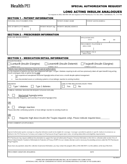 Long Acting Insulin Analogues Special Authorization Request Form - Prince Edward Island, Canada Download Pdf