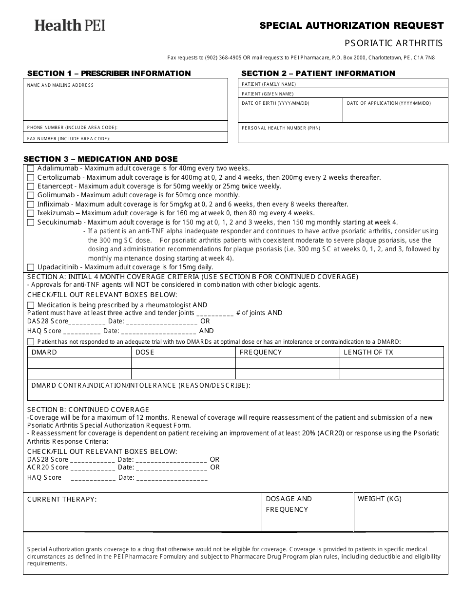 Psoriatic Arthritis Special Authorization Request Form - Prince Edward Island, Canada, Page 1