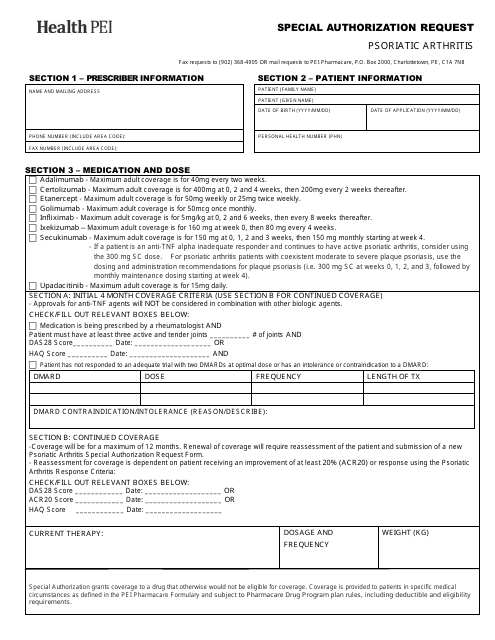 Psoriatic Arthritis Special Authorization Request Form - Prince Edward Island, Canada Download Pdf