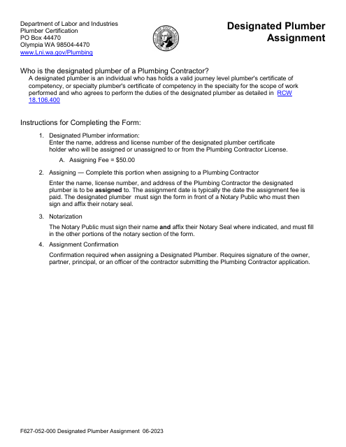 Form F627-052-000 Designated Plumber Assignment - Washington