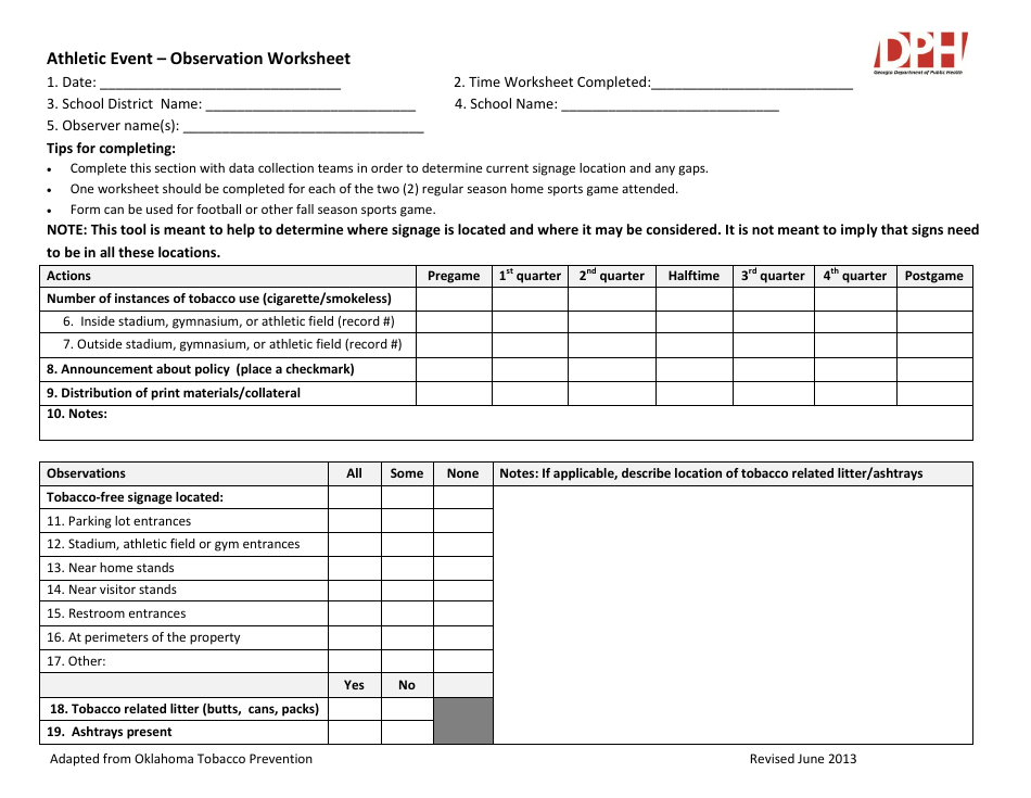 Georgia (United States) Athletic Event - Observation Worksheet - Fill ...