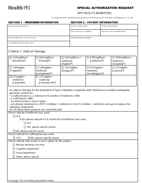 Dpp-4 / Sglt2 Inhibitors Special Authorization Request - Prince Edward Island, Canada Download Pdf