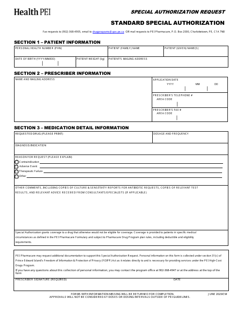 Standard Special Authorization Request Form - Prince Edward Island, Canada Download Pdf