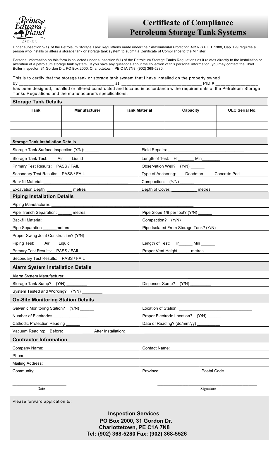 Certificate of Compliance Petroleum Storage Tank Systems - Prince Edward Island, Canada, Page 1