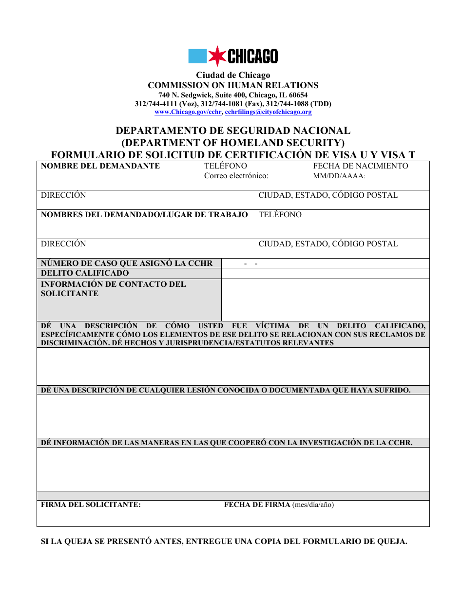 Formulario De Solicitud De Certificacion De Visa U Y Visa T - City of Chicago, Illinois (Spanish), Page 5