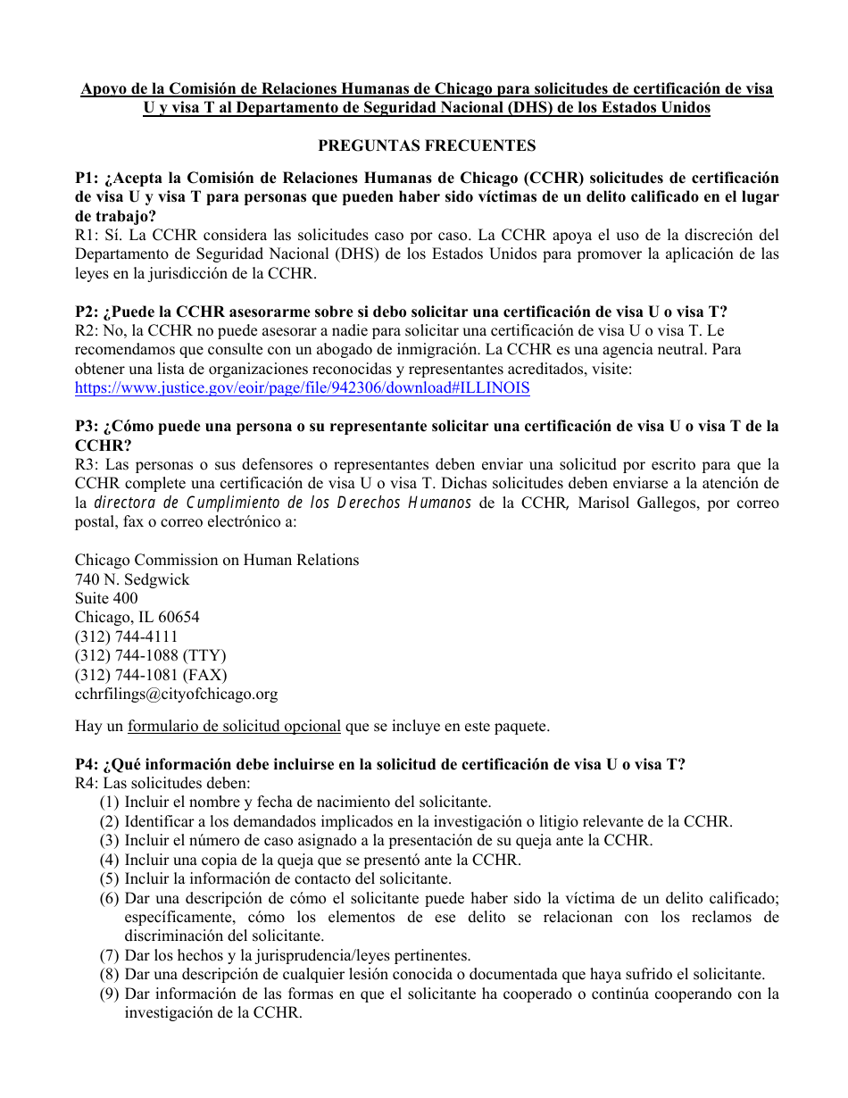 Formulario De Solicitud De Certificacion De Visa U Y Visa T - City of Chicago, Illinois (Spanish), Page 6