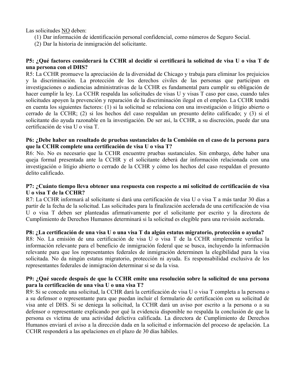 Formulario De Solicitud De Certificacion De Visa U Y Visa T - City of Chicago, Illinois (Spanish), Page 7