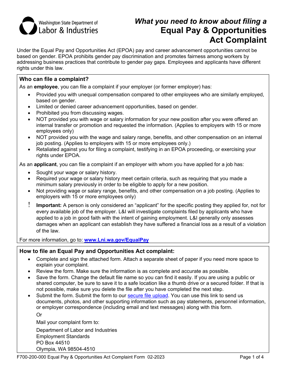 Form F700-200-000 Equal Pay  Opportunities Act Complaint - Washington, Page 1