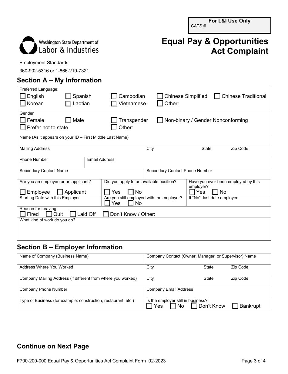 Form F700-200-000 Equal Pay  Opportunities Act Complaint - Washington, Page 3