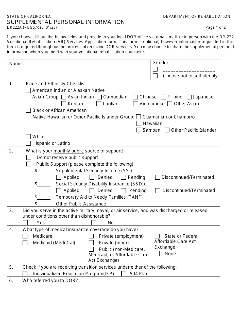 Form DR222A Supplemental Personal Information - California, Page 1
