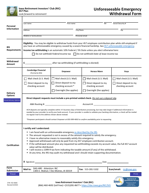 Form CFN:552-0665 Unforeseeable Emergency Withdrawal Form - Iowa