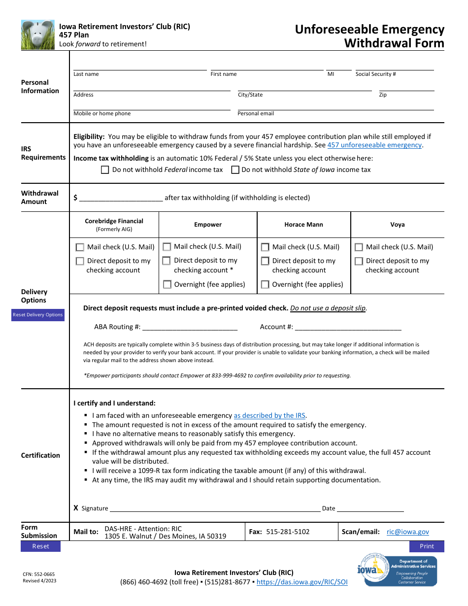Form CFN:552-0665 Unforeseeable Emergency Withdrawal Form - Iowa, Page 1